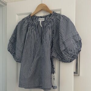 A.L.C. Navy and White Striped Puff-Sleeve Blouse